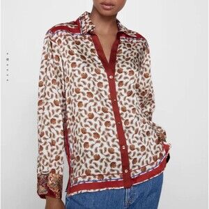 Zara Paisley Floral Printed Satin Button Front Shirt Blouse Women's Medium